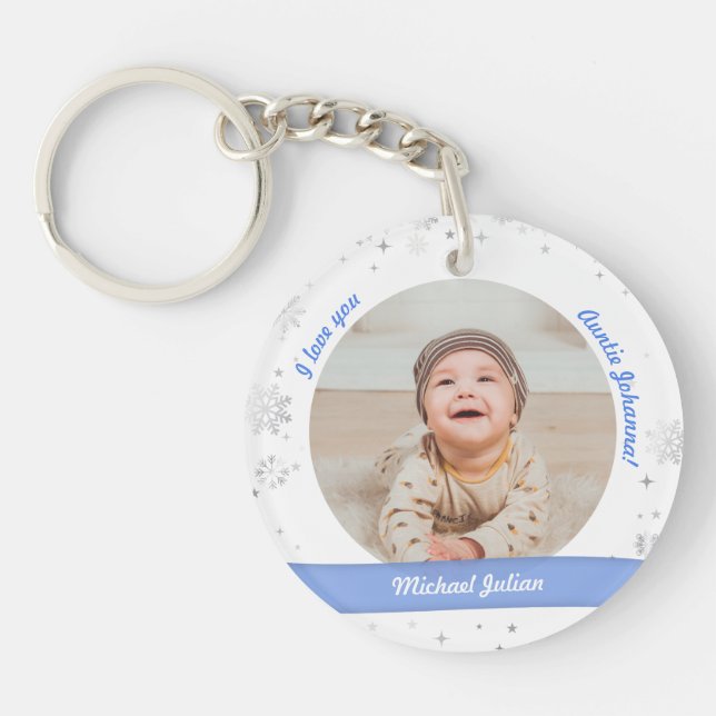 Baby Boy 2 Photos Names Birth For Aunt Snow Xmas Keychain (Front)