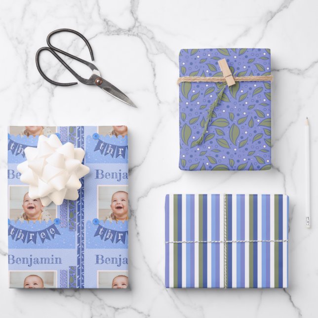 Baby Boy 3rd Birthday Blue Scrapbooking Wrapping P Wrapping Paper Sheet (Front)