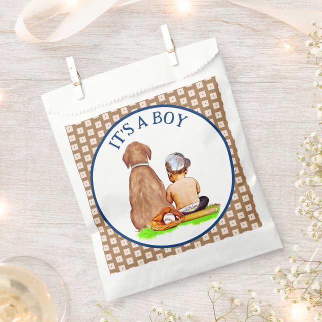 Baby Boy and Dog Baseball Themed Baby Shower Favour Bag (Clipped)