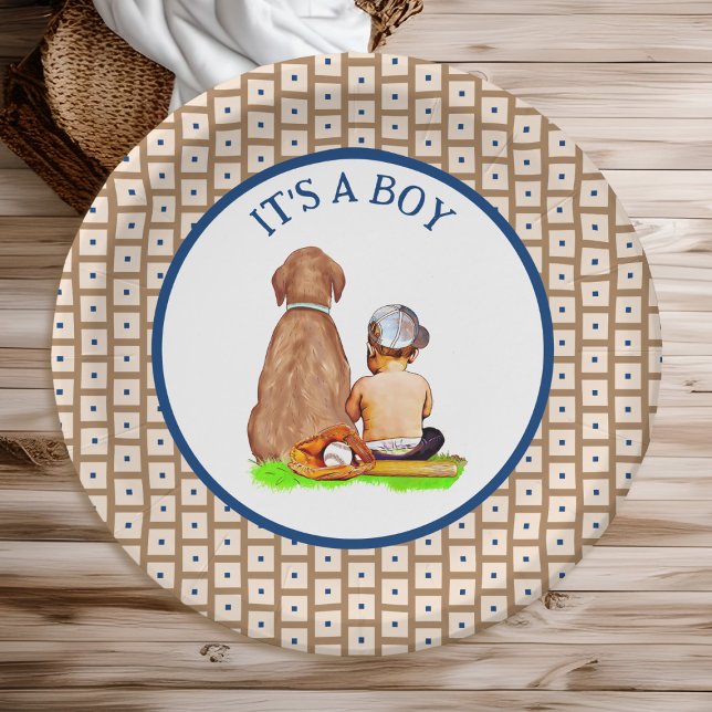 Baby Boy and Dog Baseball Themed Baby Shower Paper Plate (Creator Uploaded)