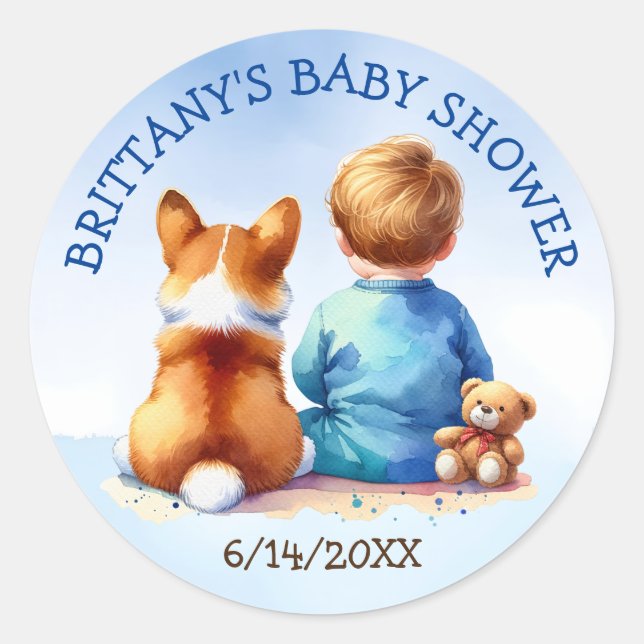 Baby Boy and his Corgi Puppy Baby Shower Classic Round Sticker (Front)
