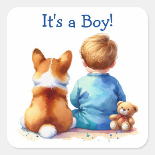 Baby Boy and his Corgi Puppy Baby Shower Square Sticker