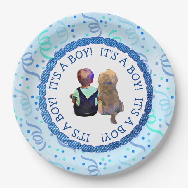 Baby Boy and His Dog Its a Boy Baby Shower Paper Plate (Front)