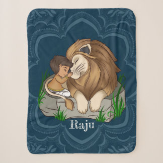 Baby boy and lion on a blue mandala background sherpa blanket