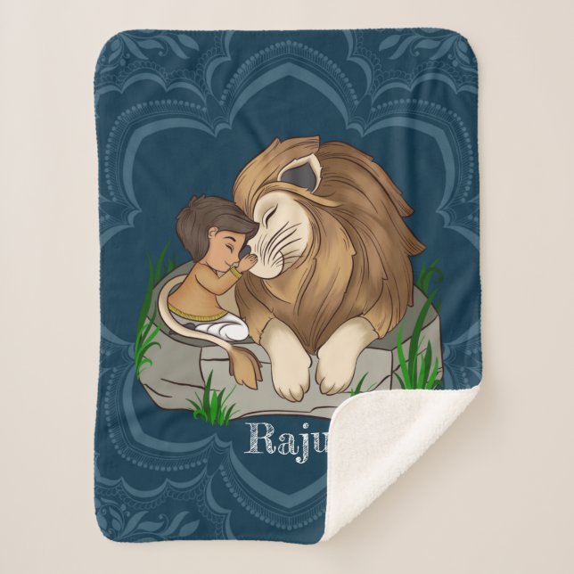 Baby boy and lion on a blue mandala background sherpa blanket (Front)