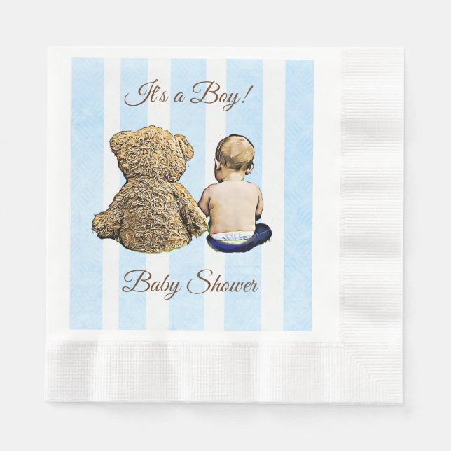 Baby Boy and Teddy Bear Blue Striped Napkins (Front)