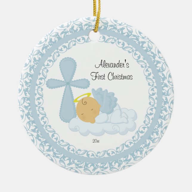 Baby Boy Angel Baby's First Christmas Ornament (Front)