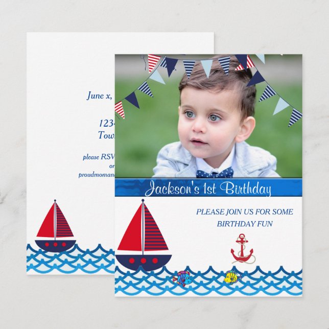 Baby Boy, Anniversaire, Nautique, Invitation Perso (Devant / Derrière)
