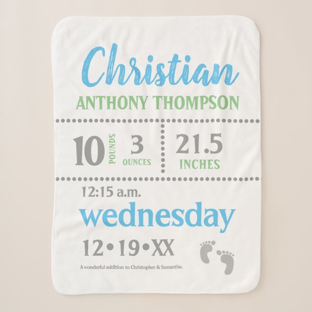 Baby Boy Announcement, blue, green, Grey, prints Sherpa Blanket (Front)