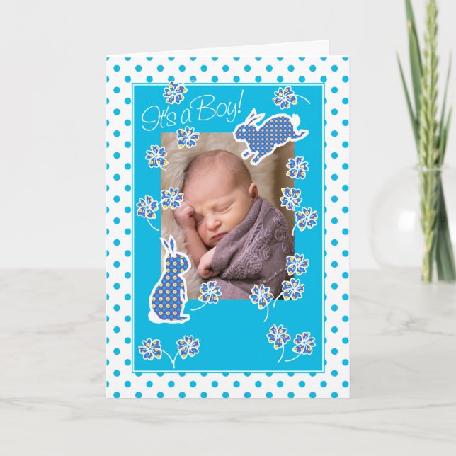 Baby Boy Announcement Photo Card Cute Bunny Rabbit (Front)