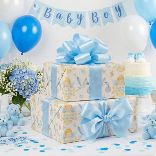 Baby Boy Arrival Angel Stork Announcement  Wrapping Paper