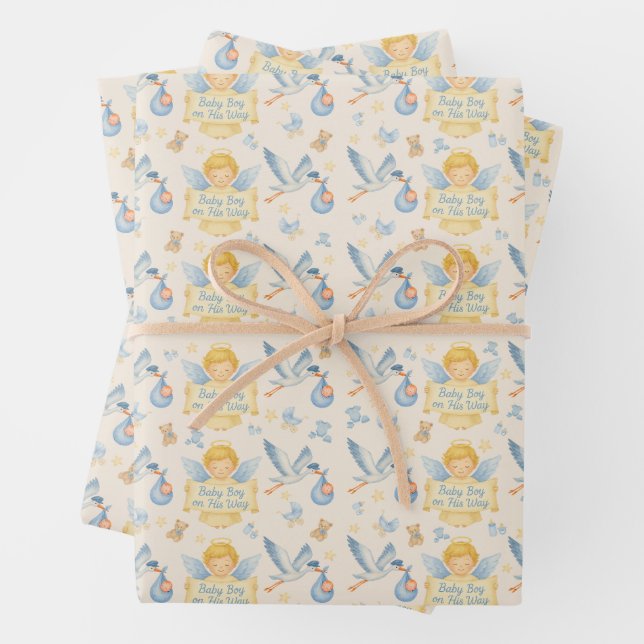 Baby Boy Arrival Angel Stork Announcement  Wrapping Paper Sheet (In situ)