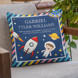 Baby Boy Astronaut Outer Space Rocket Birth Stats Throw Pillow
