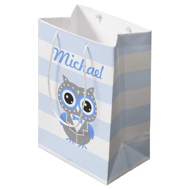 Baby Boy Baby Shower Cute Owl Blue Gift Bag (Front Angled)