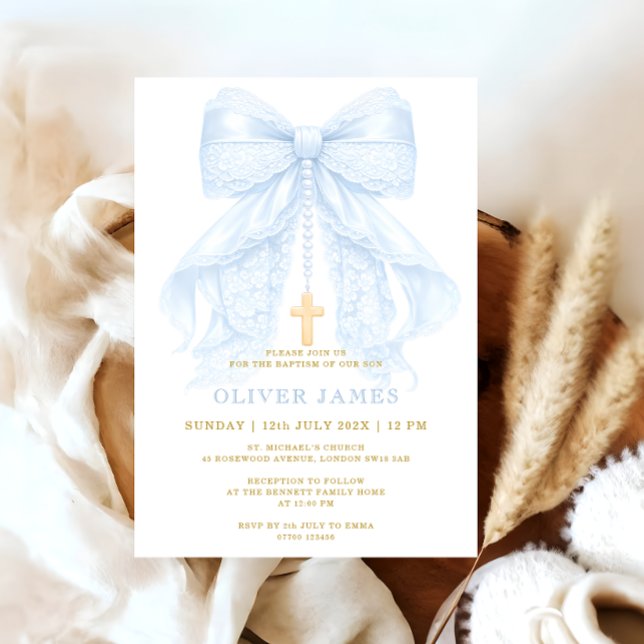 Baby Boy Baptism Blue Bow Invitation (Creator Uploaded)