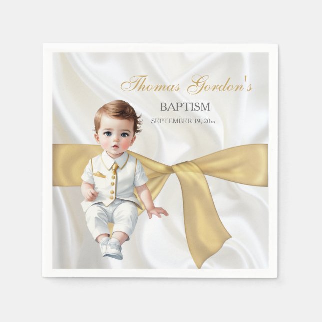 Baby Boy Baptism Christening Gold Bow Napkin (Front)