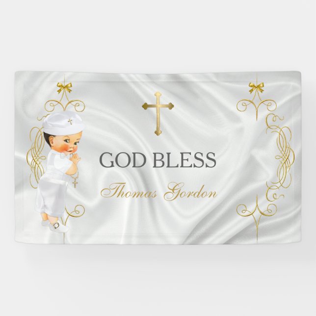 Baby Boy Baptism Christening Gold Cross Banner (Horizontal)