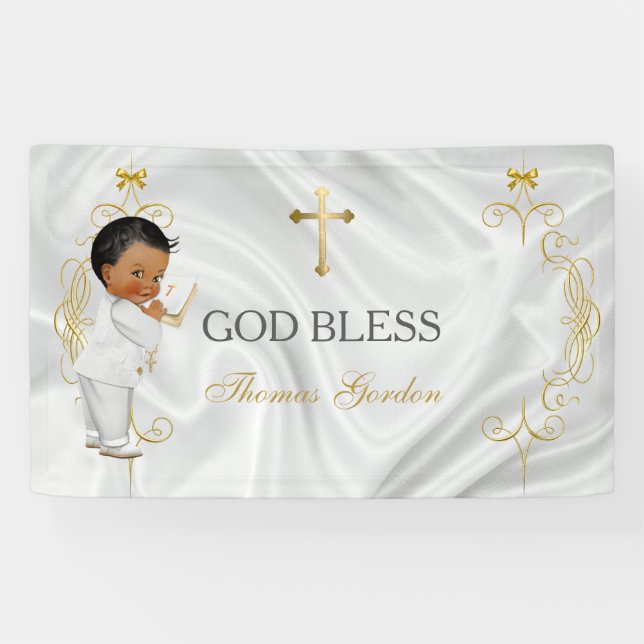 Baby Boy Baptism Christening Gold Cross Banner (Horizontal)