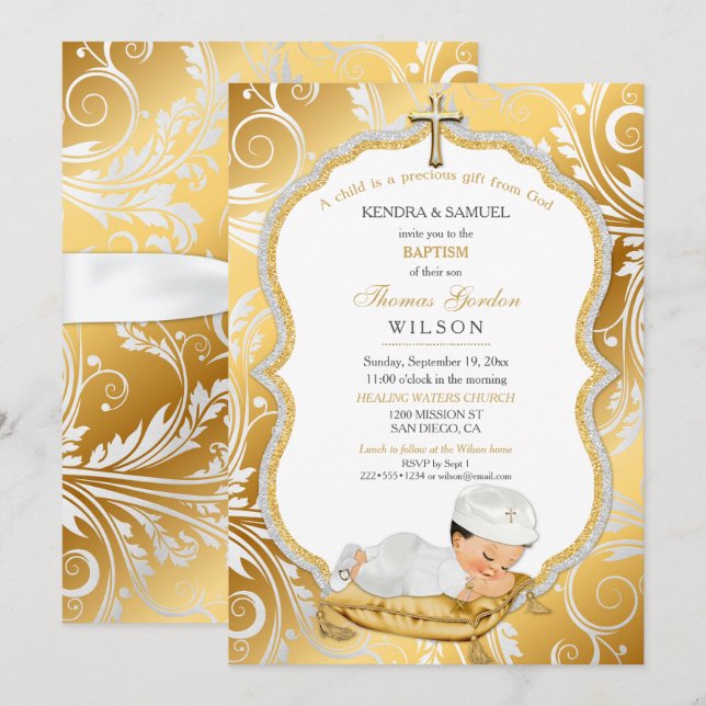 Baby Boy Baptism Christening Gold Cross Invitation (Front/Back)