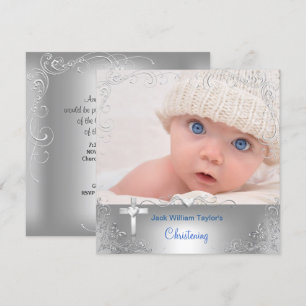 Baby Boy Baptism Christening Silver Cross Invitation