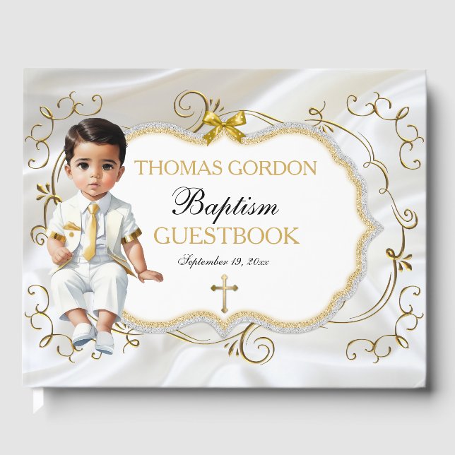 Baby Boy Baptism Christening White & Gold Cross Guest Book (Front)