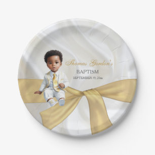 Baby Boy Baptism Christening White & Gold Paper Plate