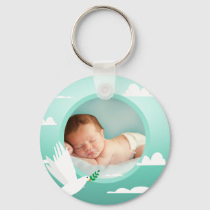 Baby Boy Baptism Dove Clouds Photo Frame Keychain