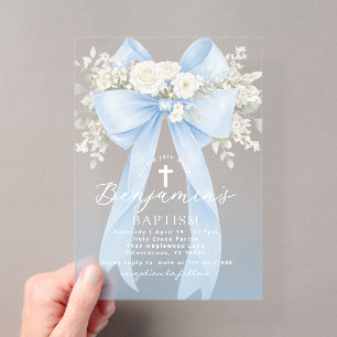 Baby Boy Baptism Elegant Blue Eucalyptus Bow Acrylic Invitations