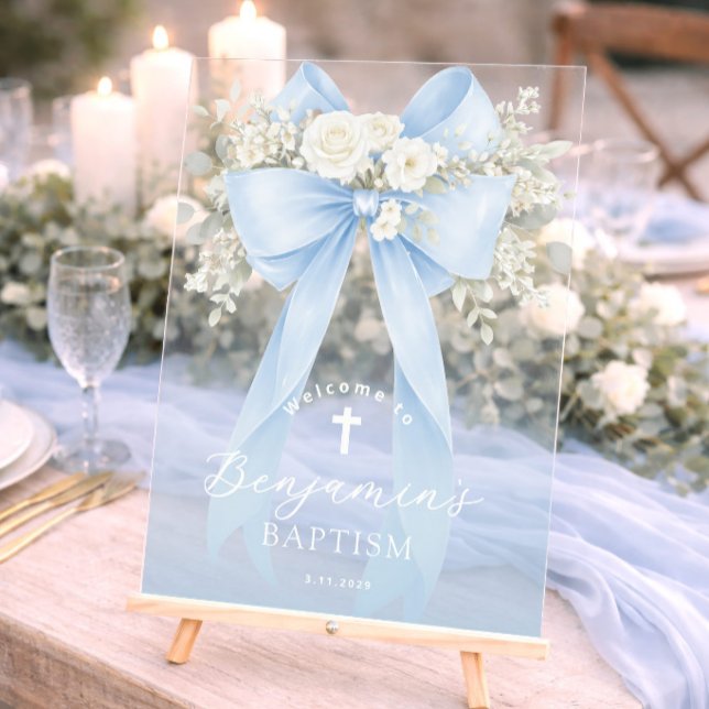 Baby Boy Baptism Elegant Blue Eucalyptus Bow Acrylic Sign (Creator Uploaded)