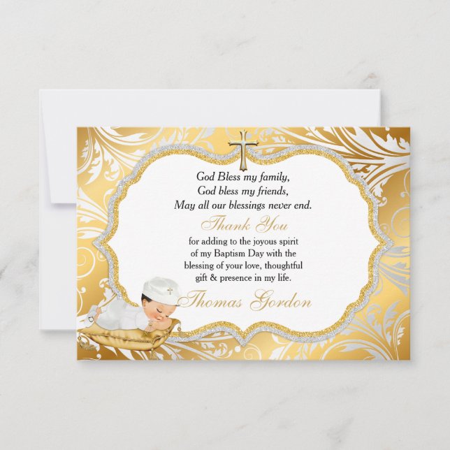 Baby Boy Baptism Gold Cross Thank You (Front)