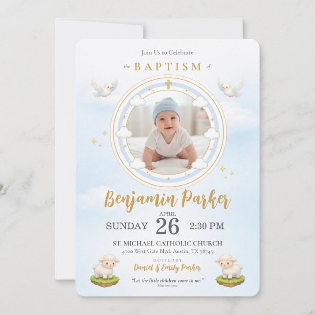 Baby Boy Baptism Invitation with Photo  (Front)