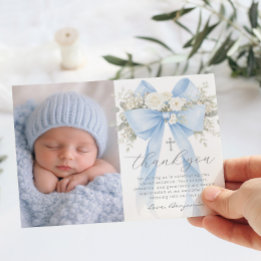 Baby Boy Baptism Photo Floral Thank you Card