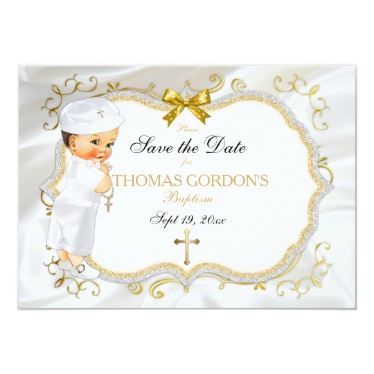 Baby Boy Baptism Save Date White Gold Cross Card