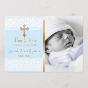 Baby Boy Baptism Thank You Custom Photo Gold Cross Card