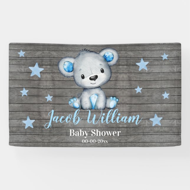 Baby Boy Bear Banner Sign Rustic Backdrop Shower (Horizontal)