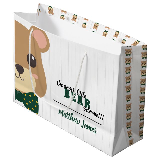 Baby Boy Bear Green & Gold Large Gift Bag (Front Angled)