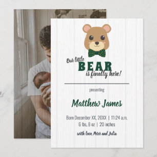 Baby Boy Bear Green & Gold Vertical Baby Announcement