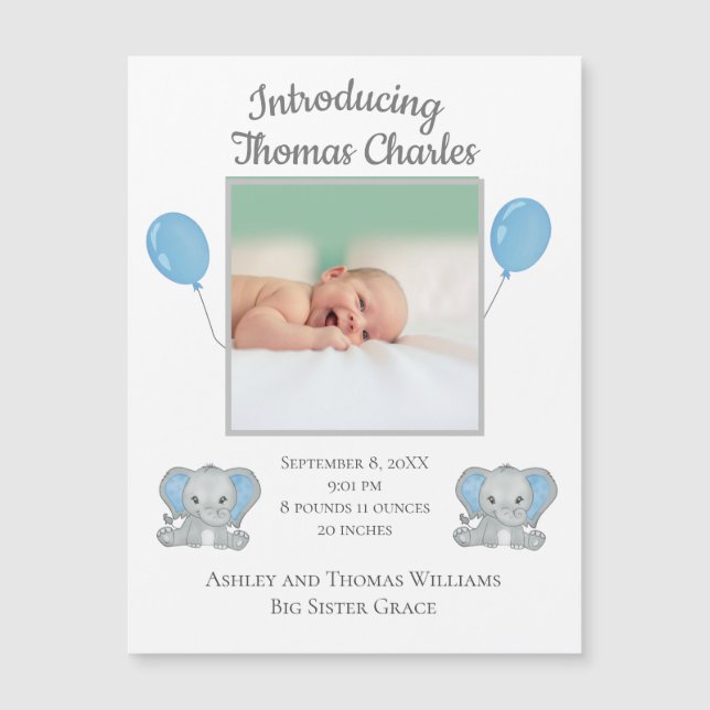 Baby Boy Birth Announcement Blue Elephants Balloon (Front)
