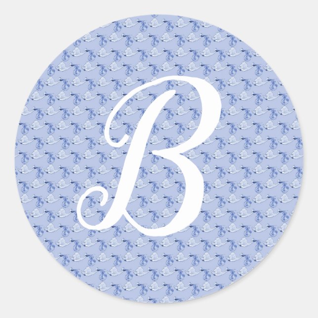 Baby Boy Birth Announcement Blue Storks Monogram Classic Round Sticker (Front)