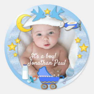Baby Boy Birth Announcement Classic Round Sticker