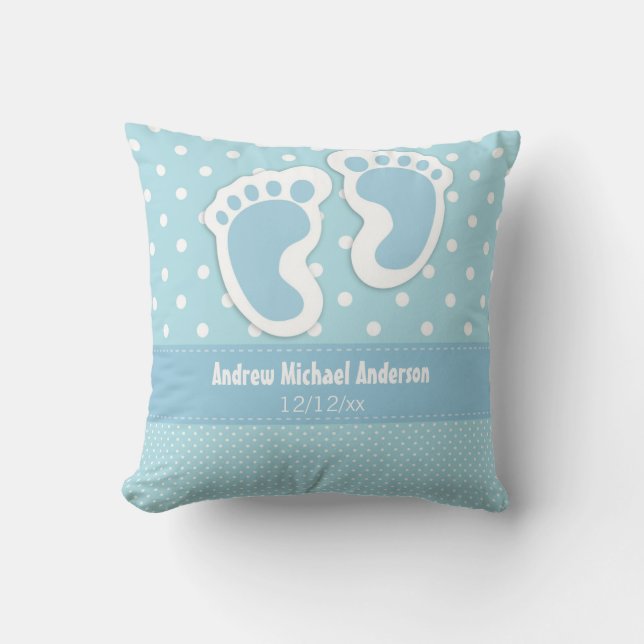 Baby Boy Birth Announcement Name Date Polka Dot Throw Pillow (Front)