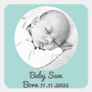 baby boy birth announcement photo and name custom square sticker
