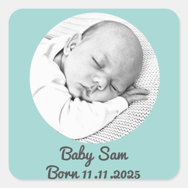 baby boy birth announcement photo and name custom square sticker (Front)