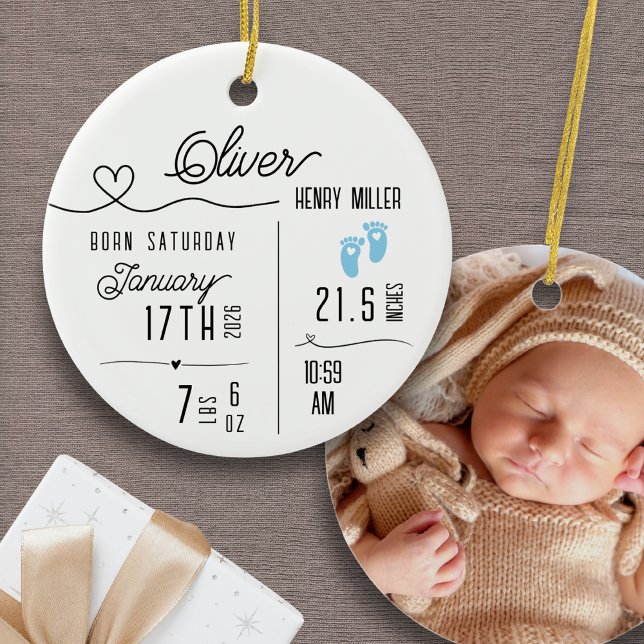 Baby Boy Birth Announcement Photo Name Stats Ceramic Ornament (Personalized Baby Boy Custom Ornament Birth Announcement Name Stats Photo Baby's First Christmas)