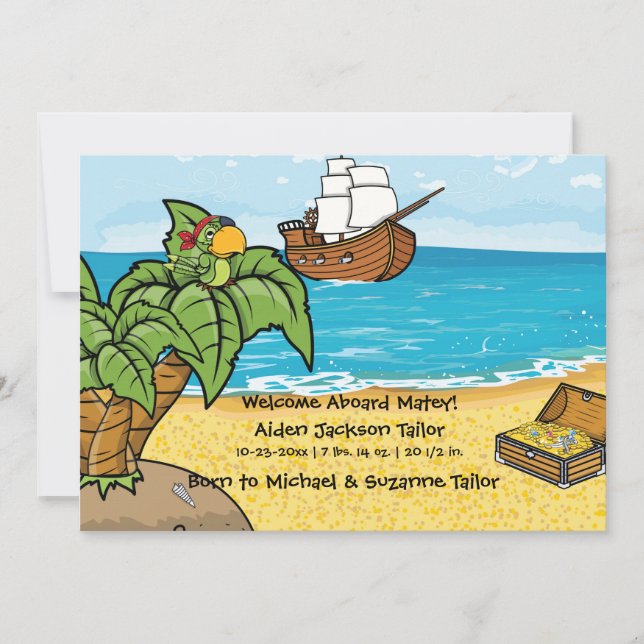 Baby Boy Birth Announcement Pirates Treasure (Front)