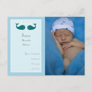 Baby Boy Birth Announcement Postcard with Whales
