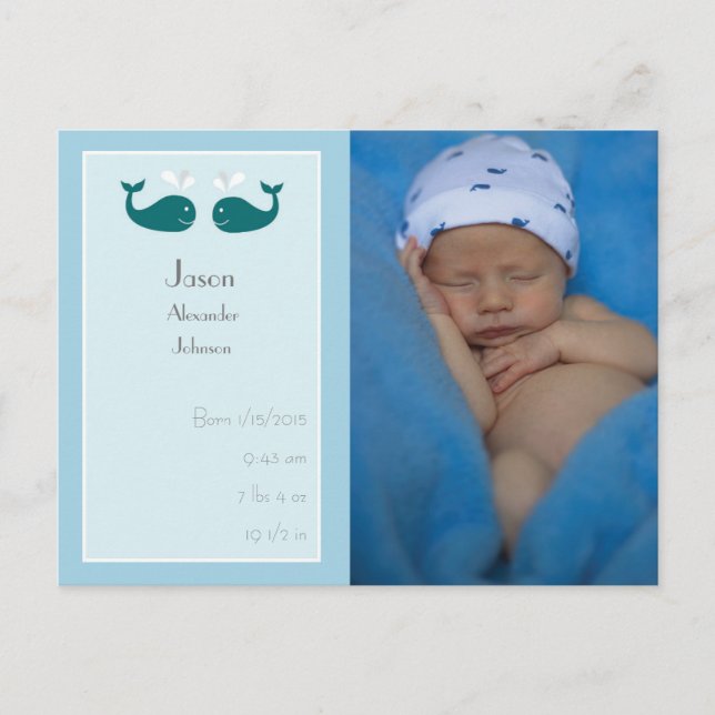 Baby Boy Birth Announcement Postcard with Whales (Front)