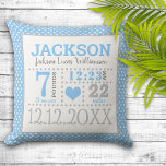 Baby Boy Birth Announcement Throw Pillow<br><div class="desc">Adorably cute blue and white polka dot baby boy birth announcement pillow with a sweet little baby blue heart.  Edit to include all of your precious bundle of joy's birth details.</div>