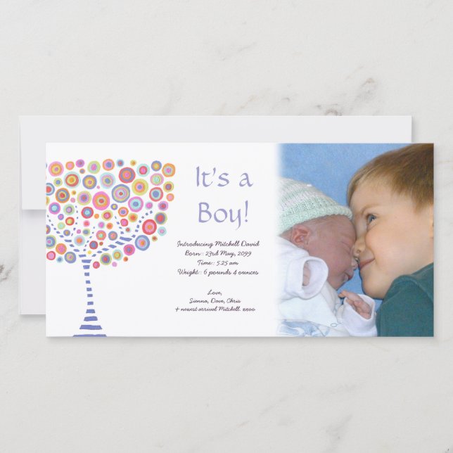 Baby Boy Birth Retro Tree Announcement Photocard (Front)