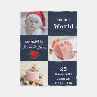 Baby Boy Birth Stat Announcement Photo Fleece Blanket